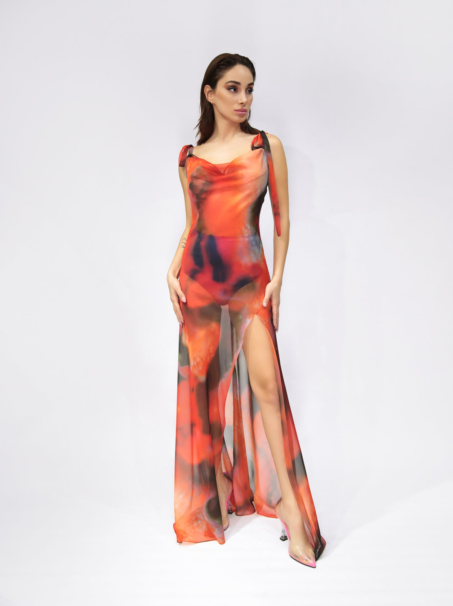 Long transparent dress in orange