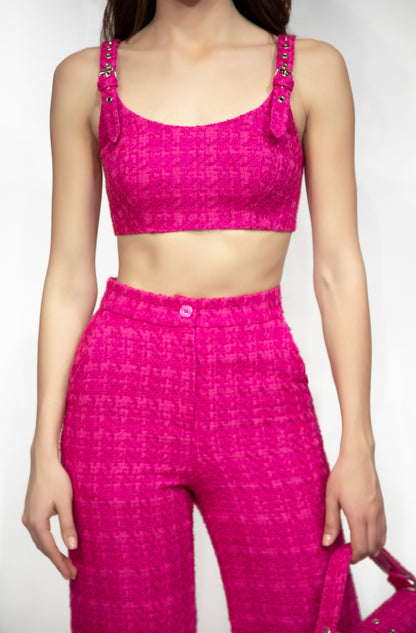 Tweed top with buckle straps, pink