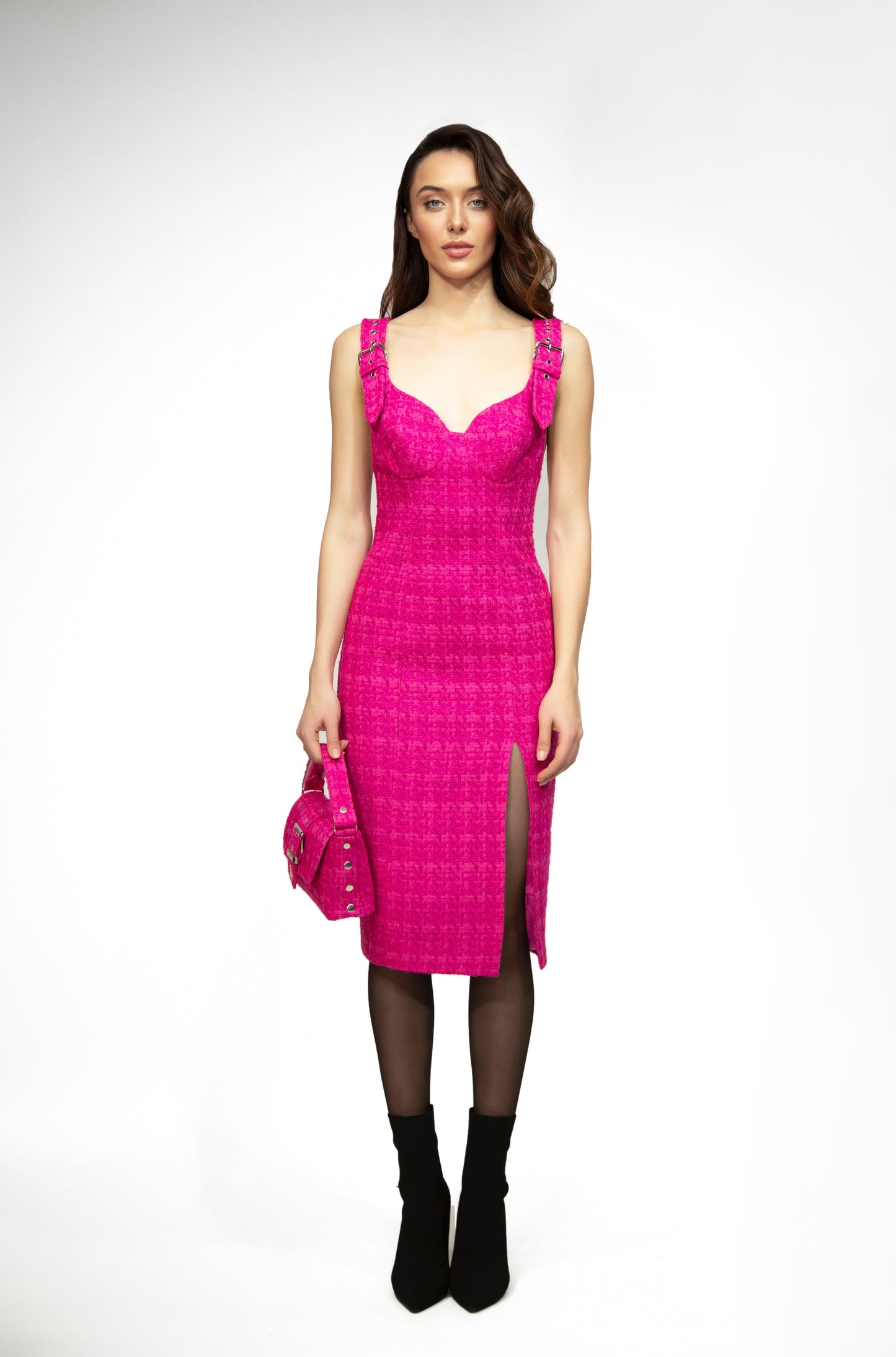 Tweed dress with buckle straps, pink