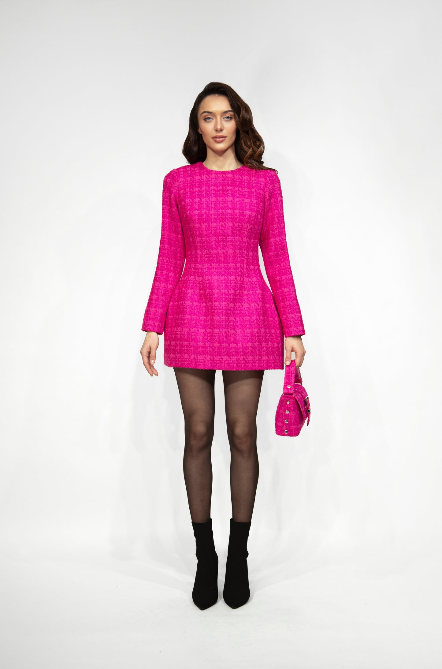 Tweed mini dress with sleeves, pink