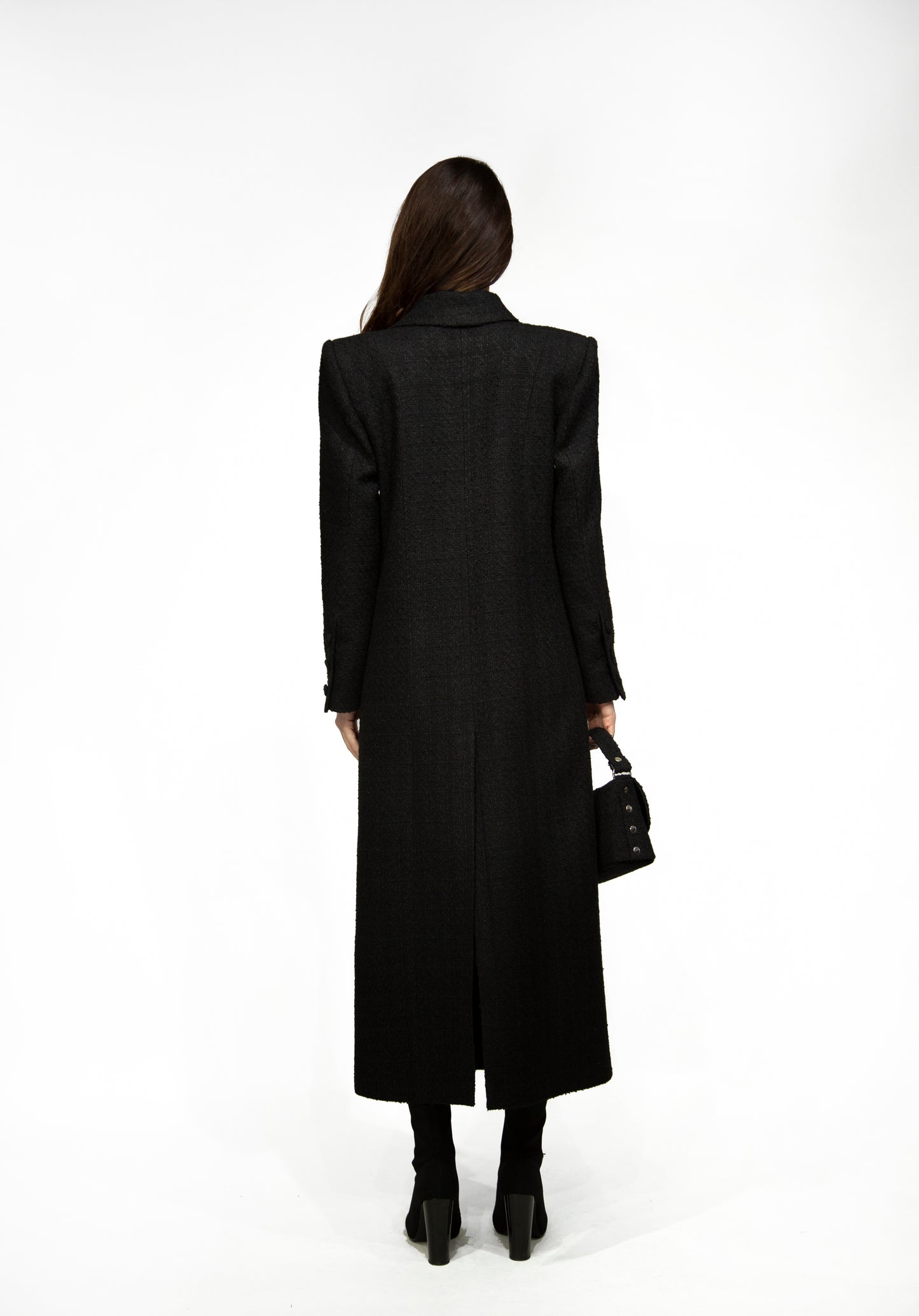 Tweed long coat, black