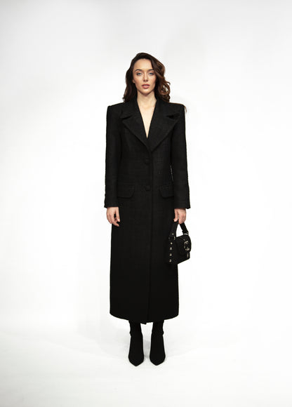 Tweed long coat, black